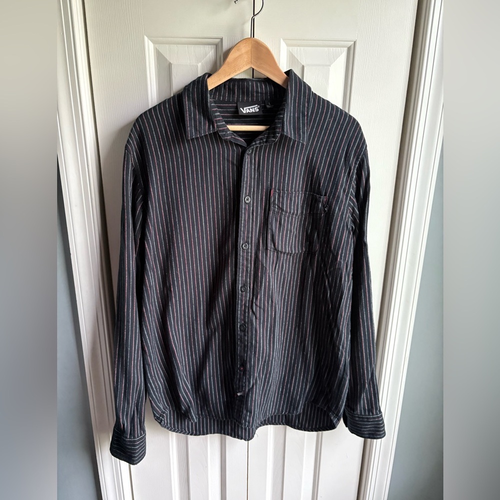 Vans Mens Black Striped Long Sleeve Flannel Button Down Shirt Size Large